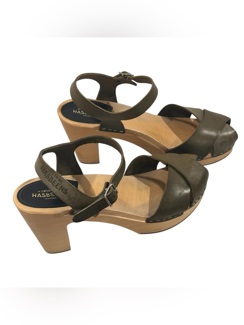 Swedish Hasbeens Merci Sandals Olive Green Sky High Wooden Heels - Picture 2 of 6